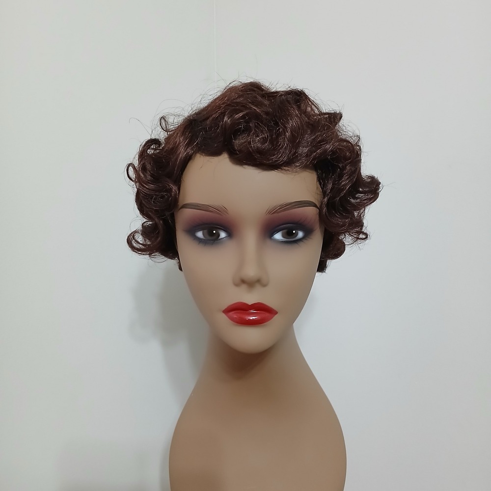 Short Curly Brown Wig Vintage Finger Wave Style Synthetic Pixie Cut Auburn